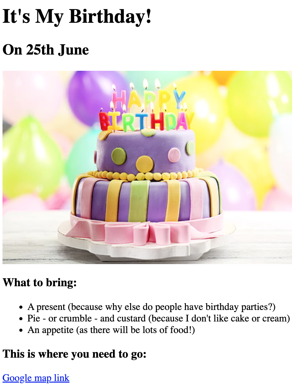 screenshot of my birthay invite project page